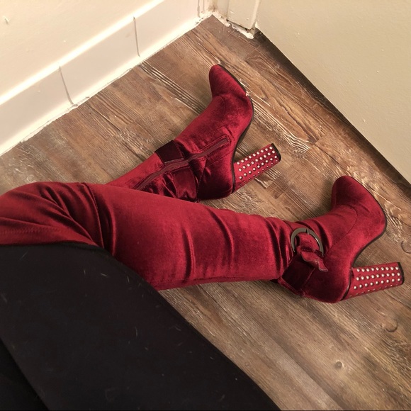 Yoki Shoes - Wine velvet over the knee boots